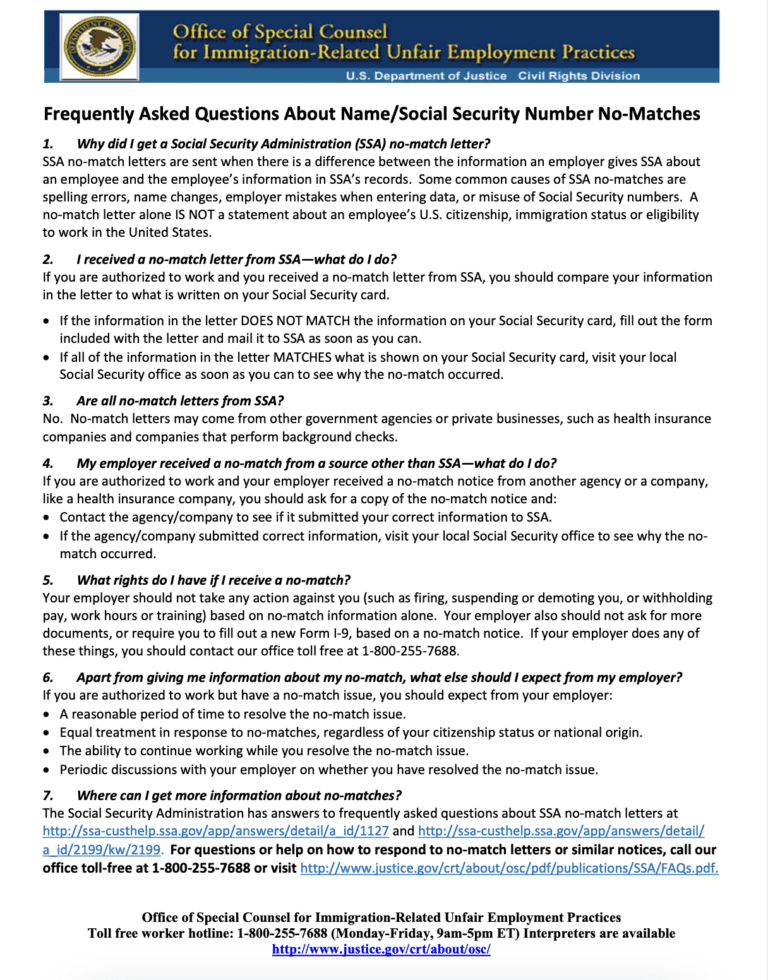 Name and Social Security Number (SSN) “No-Match” Information for Employees